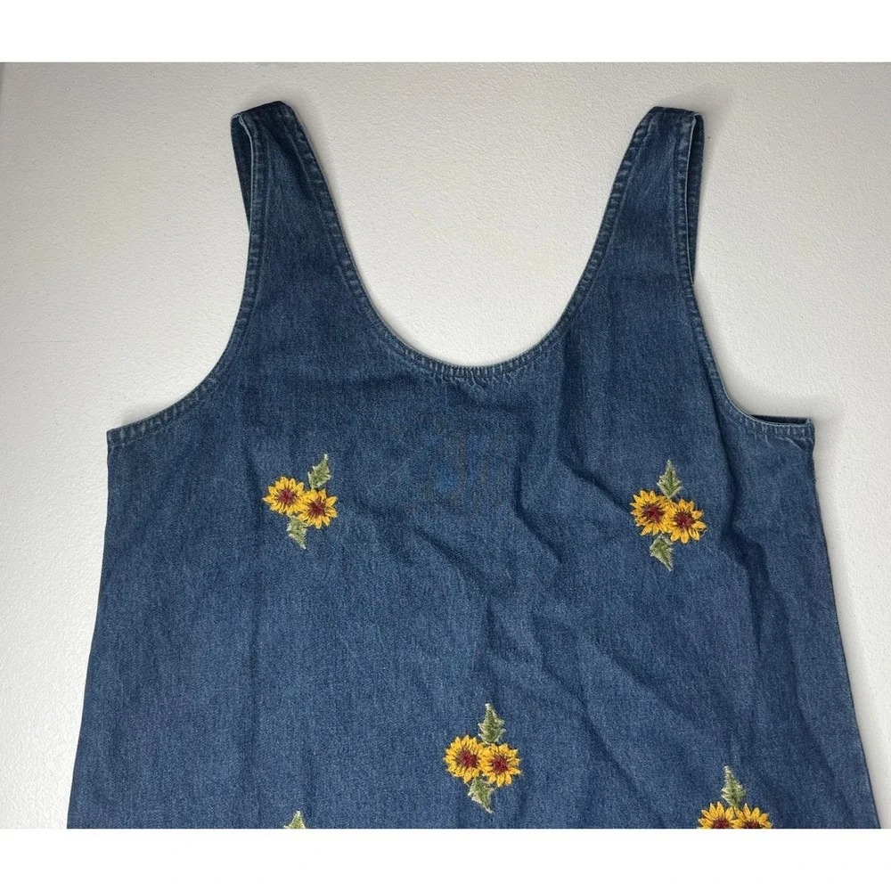Vtg Floral Embroidered Denim Dress Sunflower Y2K Size Medium Denim Du Jour‎ Jean